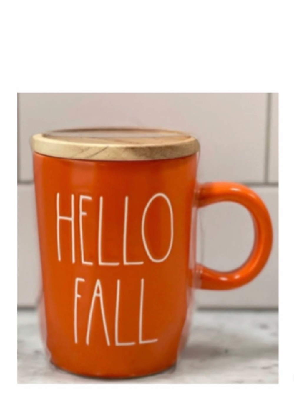 NEW Rae Dunn Hello Fall Orange Mug with Wood Coaster Top Lid 🍂
